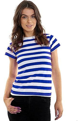 GW CLASSY OUTFIT Ladies Womens Striped T Shirts T Shirt Tops Vest Cotton Blend Fancy Dress S-XL (Blue & White Stripe, M-L 12-14)