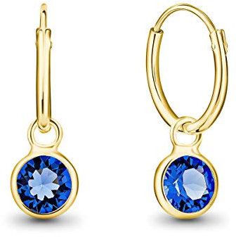 DTPsilver® KLEINE Creolen Ohrringe 925 Sterling Silber Gelb Vergoldet mit Swarovski® Elements Kristall Rund - Mädchen - Dicke 1.5 mm - Durchmesser 14 mm - Farbe : Blauer Saphir