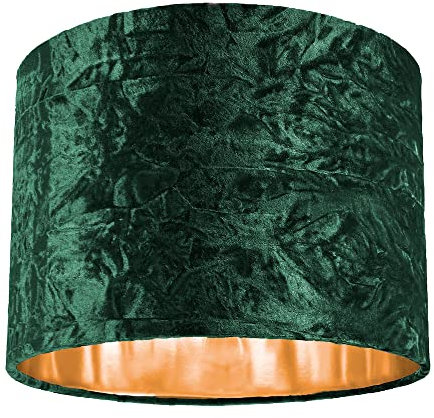 Modern and On-Trend Forest Green Crushed Velvet Fabric 10 Table or Pendant Circular Drum Lampshade with Shiny Copper Inner - 60watt Maximum | Perfect for Residential or Commercial by Happy Homewares