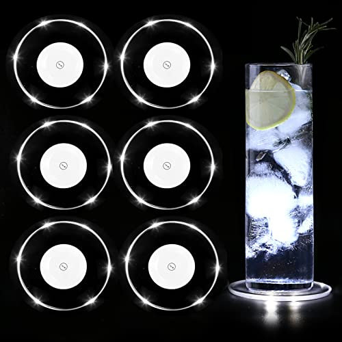 MEDOYOH Lot de 6 dessous de verre LED blancs froids pour boissons, bouton ON/OFF, sous-verres étanches, ronds, en acrylique, pour verres, bouteilles, fêtes, mariages, bar, Noël, pub