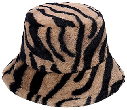 Myya Unisex Bucket Hut, Vintage Winter Herbst Plüsch Hut für Frauen Hut Zebra Streifen Warm Fisherman Cap für Home Trend Fluffy Bucket Hat Casual Captravel Wandern Camping Sun Fisherman Hat, Kh,