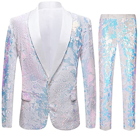 CARFFIV Gli Uomini alla Moda Floreale Paillettes Modello Due Pezzi Set Vestiti (XL, Map White)