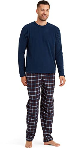 Snuggaroo Pigiama da uomo in morbido pile con maglia a maniche lunghe e pantaloni a quadri, Blu navy/Rosso Navy, L
