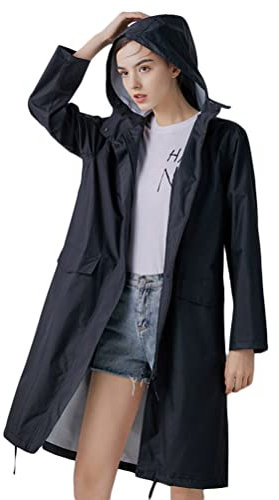 Minetom Veste de Pluie Longue Femme Léger Coupe-Vent Manteau Imperméable à Capuche Unisexe Zippée Blouson pour Randonnée Camping A Noir XL