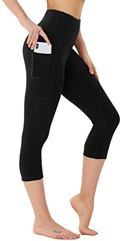 FOTOCITI Leggings Damen mit Tasche Capri Leggins High Waist Caprihose Sommer Blickdicht Sportleggins Sporthose Hose Gym Outdoor Yoga(Schwarz,XXL)