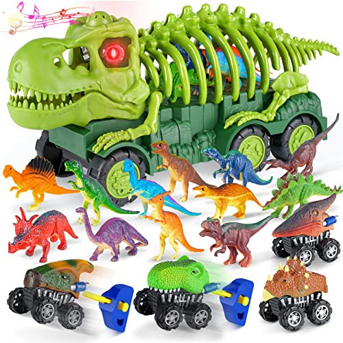 Aoskie Dinosaurier Spielzeug Transport Truck für Kinder ab 3-5 Jahre, LKW Spielzeug mit Lichtern und Tönen, 4 Dino Auto, 12 Dinosaurier Figuren, Geschenk für Jungen Mädchen ab 3 4 5 Jahre