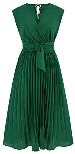 CHICWISH Damen Orange/Grün/Schwarz Schärpe geschmückt Plissee Wrap ärmelloses Kleid, V-Ausschnitt-Grün, Klein