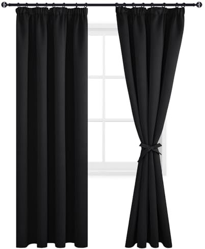DWCN Vorhang Blickdicht Verdunkelungsgardinen mit Kräuselband, 2er Set H260 x B140 cm Vorhänge Wohnzimmer mit Vorhang-Krawatten, Wärmeisolierende Lichtundurchlässig Thermovorhang Kälteschutz, Schwarz