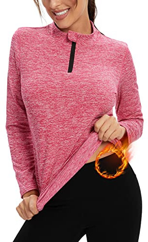 Damen Fleece Laufshirt Fleecepullover Langarm, 1/4 Reißverschlus Funktionsshirt Thermo Atmungsaktive Sportshirt Fitness Shirt Winter Warm,Rosa,XL
