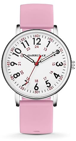 GARRULAX Montre lumineuse, cadran facile à lire, aiguille des secondes et bracelet en silicone souple et respirant résistant à l'eau pour infirmière, étudiants, médecins, rose, Sangle