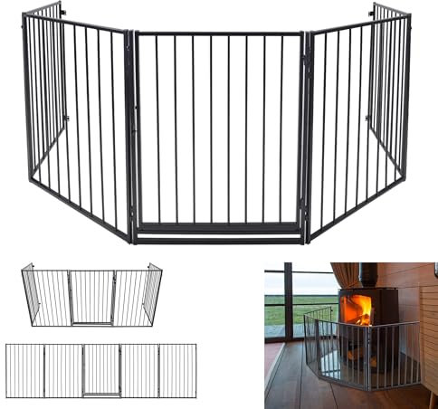 YRHome 305cm Kaminschutzgitter Baby Kinderschutzgitter Ofenschutzgitter mit Sicherheitstür 5-teilig Schutzgitter Absperrgitter Faltbar Laufstall Laufgitter Türschutzgitter für Kinder Hunde Schwarz