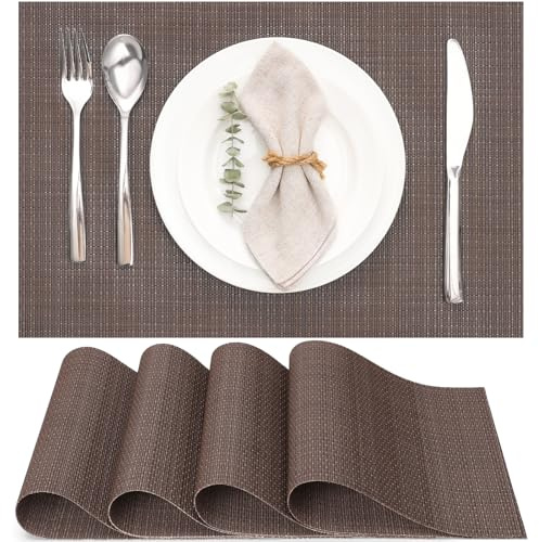 Myir JUN Table Mats Set of 4, Place Mats Table Placemats Washable Non-slip Heat Insulation Woven Vinyl for Kitchen Dinning Restaurant 17X12 (Coffee)