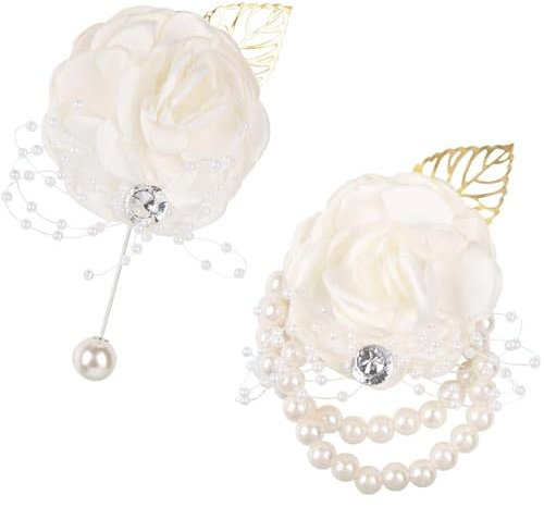 SSyang 2 Stück Handgelenk-Blume und Corsage Satin Rose, Boutonniere Groom Set für Braut und Herren, Abschlussball und Hochzeit Party (Weiß)