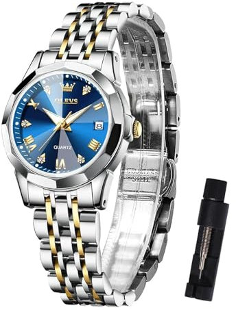 OLEVS Damen Uhr Gold Silber Edelstahlband Analoger Quarz Damenuhr Luxus Blau Kleines Gesicht Römische Ziffern Diamanten Uhr Damen Klassisches Leuchtend Wasserdicht mit Datum Watches for Women