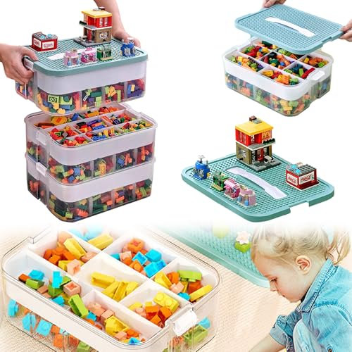 Boite Rangement Plastique pour Lego Briques, 3 Couches Boite Rangement Empilable pour Lego avec Couvercle, Boîtes de Rangement Plastique Transparent pour Ranger et Organiser les Jouets, Perles (Vert)