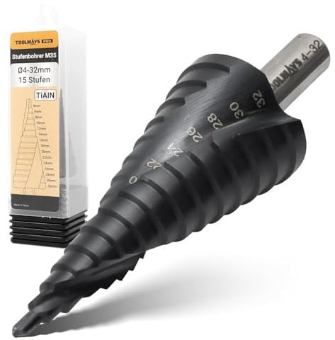TOOLMAYS Fresa Conica M35 AlTiN, 4-32 mm Fresa Conica per Metallo, 15 Livelli Punta Conica Trapano per Acciaio Inossidabile, Ferro, Alluminio, Plastica e Legno, Hss Punte Coniche Professionali