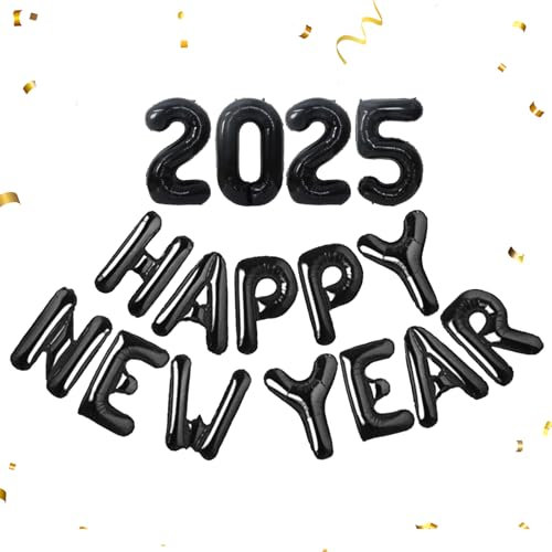 2025 Silvester Deko Luftballon,Happy New Year Deko Ballons Schwarz,Neujahr Deko Folienballon für Silvester Dekoration,Silvester Party Deko Ballon Zubehör,2025 Neues Jahr Luftballons Party Dekoration