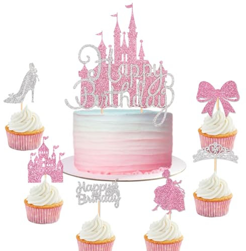 Wootkey 26 Stück Castle-Kuchenaufsätze, Prinzessinnen-Cupcake-Topper, glitzernd, silberfarben, rosa, Burg, High Heels, Krone, Cupcake-Topper für Prinzessinnen, Geburtstagsparty, Dekorationen,