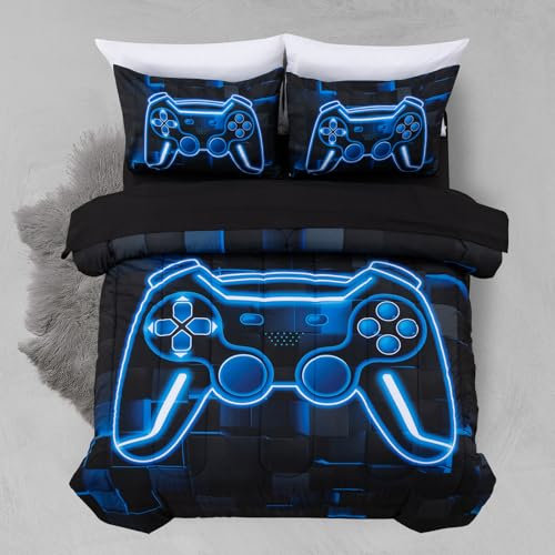 A Nice Night 5-teiliges Spielkonsolen-Bettwäsche-Set für Jungen, volle Größe, für Kinder, Teenager, 3D-schwarzer Hintergrund, blaues Gamepad, Gaming, bedruckt, passende Bettlaken-Sets
