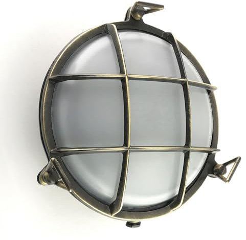 Wandlampe außen Messing massiv Glas E27 IP64 D: 24 cm rund Antik Weiß maritime Außenwandleuchte Kellerleuchte Balkonlampe