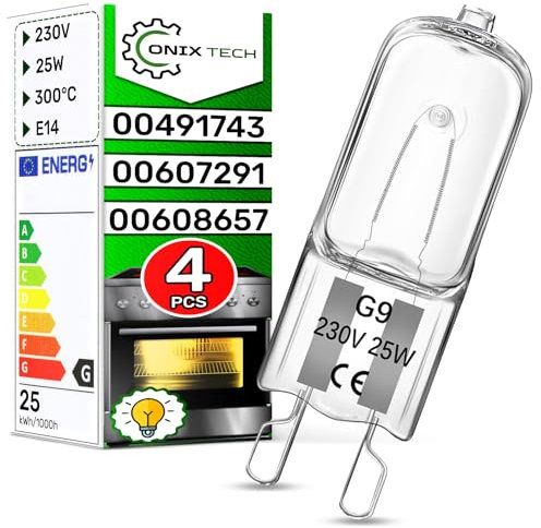 ONIX TECH 4 Piezas Bombilla Halogena Universal G9 para Horno 25W 230V 300°С con Código Original 00491743 00607291 00608657 para Bosch para Balay para Constructa para Siemens - Garantía de 5 Años