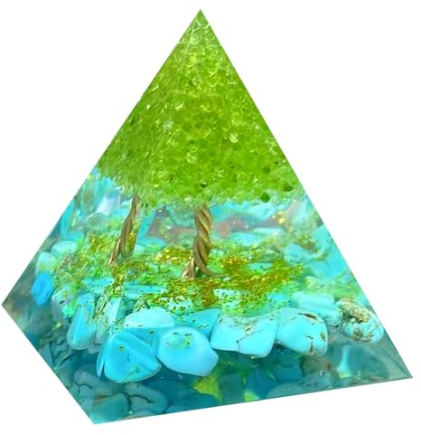Saefheled Arbre de vie Péridot Orgon Cristal Pyramide,Pyramide de guérison d'Orgonite,Turquoise Utilisé pour réduire le stress équilibrer les chakras Méditer pour attirer la chance et le succès