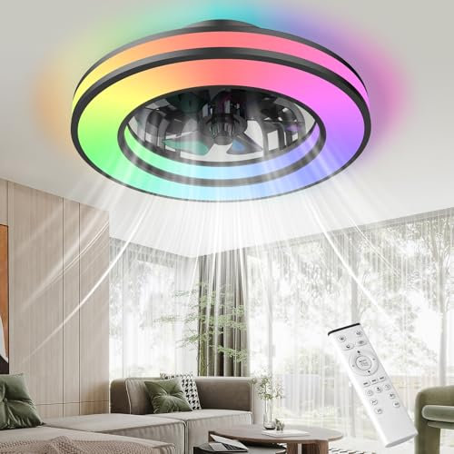 Nigecue 52W Deckenventilator mit Beleuchtung, Ø42CM Deckenlampe Deckenleuchte mit Ventilator Fernbedienung, 3000K-6500K Farbtemperatur, RGB-Lichter, 6 Windstufen, Timer, Speicherfunktion
