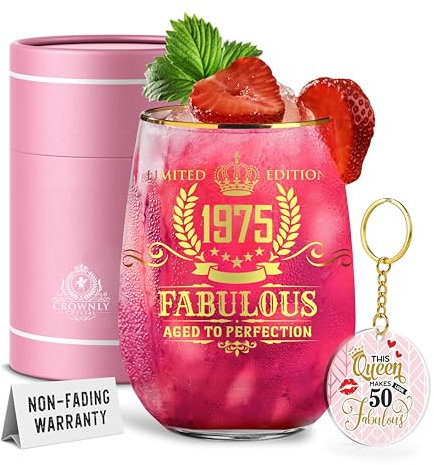 CROWNLY CRYSTAL® 1975 50th Birthday Personalised Wine Glass for Women Gift Ideas Wife Gifts Birthday Decorations