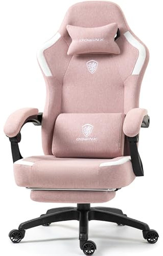 Dowinx Fabric Gaming Chair with Pocket Spring Cushion,Breathable Computer Chair with Massage Lumbar Support and Footrest,High Back Game Office Chair for Adult,Pink