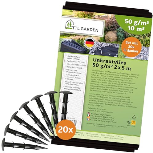 TTL Garden 50g/m² Unkrautvlies 10m² 2x5m + 20 Erdanker Kunststoff 12cm - sehr wasserdurchlässig 5 x 2 m breit gefaltet - Gartenvlies gegen Unkraut reißfest UV-stabil & atmungsaktiv schwarz