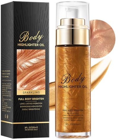 Körper Highlighter Öl - Gold Bronzer Shimmer Oil für Gesicht und Bein, Luminizer Schimmeröl mit Natürliche Feuchtigkeit, Glänzend Liquid (Bronze)