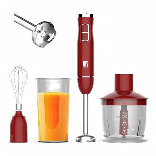 BERGNER MAROON | Stabmixer 1000 W im Set | 2 Geschwindigkeiten | Abnehmbare Edelstahlwelle | Zerkleinerer 600 ml | Rührstab & Messbecher 600 ml | Spritzschutz | Hohe Leistung | Wein-Rot