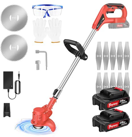 Akku Rasentrimmer mit Akku 21V Freischneider mit 2 Batterien, Akku Motorsense & Rasentrimmer Rasen mit Metall Messer, Akku Freischneider Elektrischer Elektro Trimmer Gartenkantenfräser für Garden, Rot