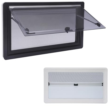 Ventana de autocaravana, 900 x 500 mm, ventana basculante, cierre de cremallera, ventana exterior con mosquitera y persiana integrada. Mosquitera lateral para van Camper