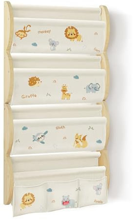 wooshwa Bücherregal Kinder Wand Kinderbücherregal Montessori mit 4 Ablagen & 3 Taschen Kinderregal Wandregal Kinderzimmer Regal Wellenförmig Massivholz (Dschungel-Tiere)
