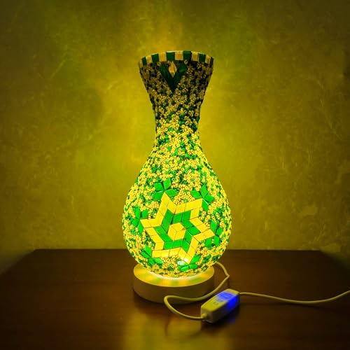 Maimeili Retro türkische Mosaik Vase Lampe türkische marokkanische Tischlampe bunte handgefertigte Glasvase mit Holzbasis für Blumen USB Lade Dekor Licht für Schlafzimmer Umgebung Wohnzimmer
