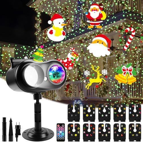 Jellybibo Christmas Projector Lights with Green Light Spot, Outdoor Christmas Decoration Projector Light, 10 Slides & 10 Colors Ocean Wave Festive Projection Lights for House Yard Party with Remote