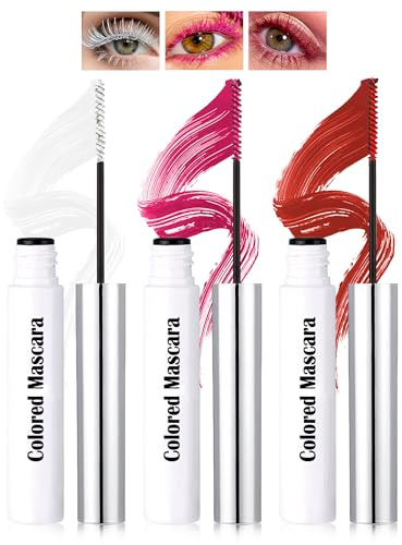 Mascara Coloré Kit, 3 Couleurs Blanc Rose Rouge, Fibre 3D Volume & Courbe | Mascara Waterproof Longue Durée, Pinceau Fin Allongeant Curling et Longueur, Maquillage Cadeau Femme Effet Naturel Yeux