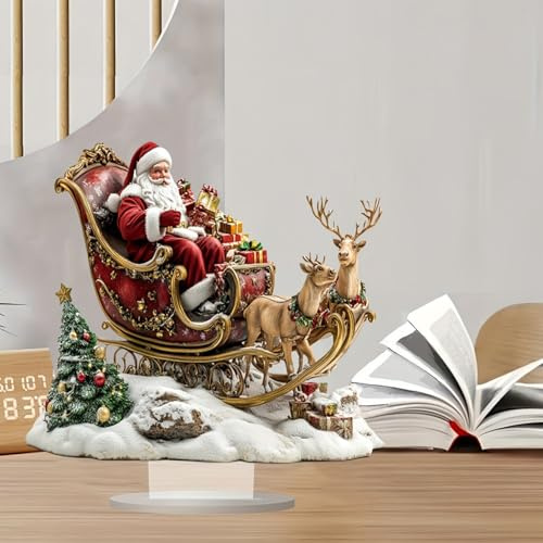Weihnachtsmann-Schlitten-Dekoration, Weihnachtsschmuck für Zuhause, lustige Weihnachtsdekoration, Acryl-Weihnachtsmann auf Schlitten mit Rentier-Statue, mit Standfuß, für Studio-Bücherregal