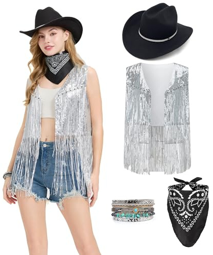 Dzorim Cowgirl Kostüm Damen Western Cowgirl Costume Hut Cowboy Outfits Damen Mädchen mit Hat Scarf Wristband für Karneval (Silber, M)
