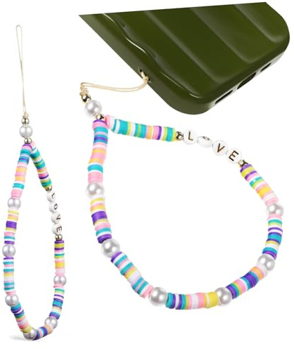 Veemoon 2 Stück Handykette Perlen mit Love Buchstaben Boho Handy Lanyard Polymer Clay Leicht Robust Handyanhänger für Schlüssel und Tasche Anti lost Handgelenkschlaufe Zubehör