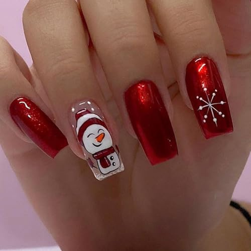 Viugex 24Pcs Noël Press on Nails Carré Moyen, Rouge Aurore French Faux Ongles, Mignon Bonhomme de neige Capsules Ongles, Acrylique Couverture Complète Ongles à Coller pour Femmes et Filles