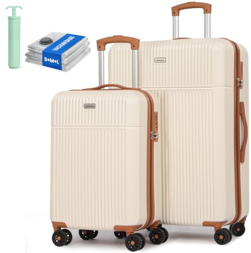 Tavoxda 2 Piece Luggage Sets, 20''28''ABS Hardshell Suitcase Set for Travel | Lightweight Small and Large Travel Trolley with Durable 360° Spinner Wheels, TSA Lock,Telescopic Handle for Men, Women-Beige