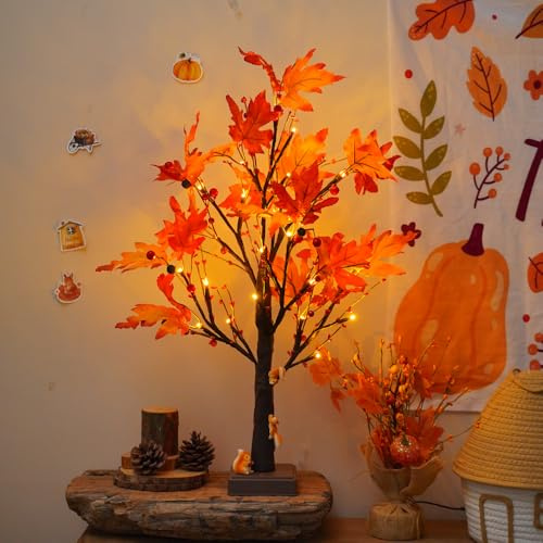 JORIX 60cm Christmas Twig Tree Light Maple Leaf Christmas Pre-Lit Birch Tree Lamp USB & Battery Powered 24 LED Warm White Tabletop Artificial Tree for Father's Day Home Decor