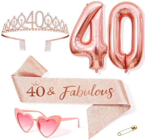 Anruzon Deko 40. Geburtstag Frauen, 40 Geburtstag Krone und Schärpe, Rosa herzförmige Brille, Luftballons Rosegold, Geburtstagsgeschenk für 40 Jahre Frau, Geburtstagsparty Deko Supplies