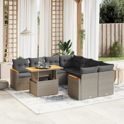 QJBSAVVA 9-TLG. Gartenmöbel Set Rattan Style mit höhenverstellbarem Tisch Grau Poly Rattan modernes Lounge Design 100 x 55 x 73 cm für Balkon Terrasse Garten