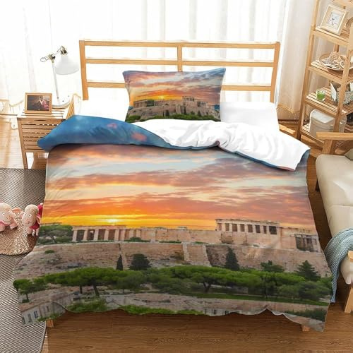 3D-Druck Akropolis von Athen 2 Teilig Luxus Bettbezug Set Gebäude Weiche Microfaser Mit Leichtläufigem Reißverschluss 1 Kissenbezug Weich Und Bügelfrei Luxus Modern Gedruckt Single（135x200cm）