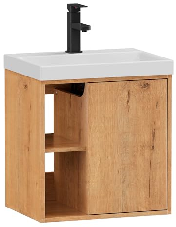 UEV Meuble Lave-Mains Suspendu avec Lavabo en Résine, 50x38x55cm, Naturel | Meuble de Salle de Bain Mural Gain de Place - Design Moderne à Lignes Verticales et Poignées Métalliques - Rangement Caché