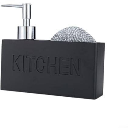 Distributeur de savon pour évier avec pompe à main et porte-éponge intégré, design en résine pour cuisine ou salle de bain (noir)