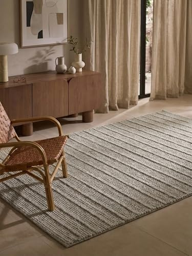 Ted Baker Wollteppich Parker - Natürlicher Wohnzimmerteppich, 100% Wolle, Handgewebt & Zeitlos, Naturfaser Teppich Gestreift Skandi für Wohnzimmer, Schlafzimmer, Esszimmer – Grau, 200x300 cm